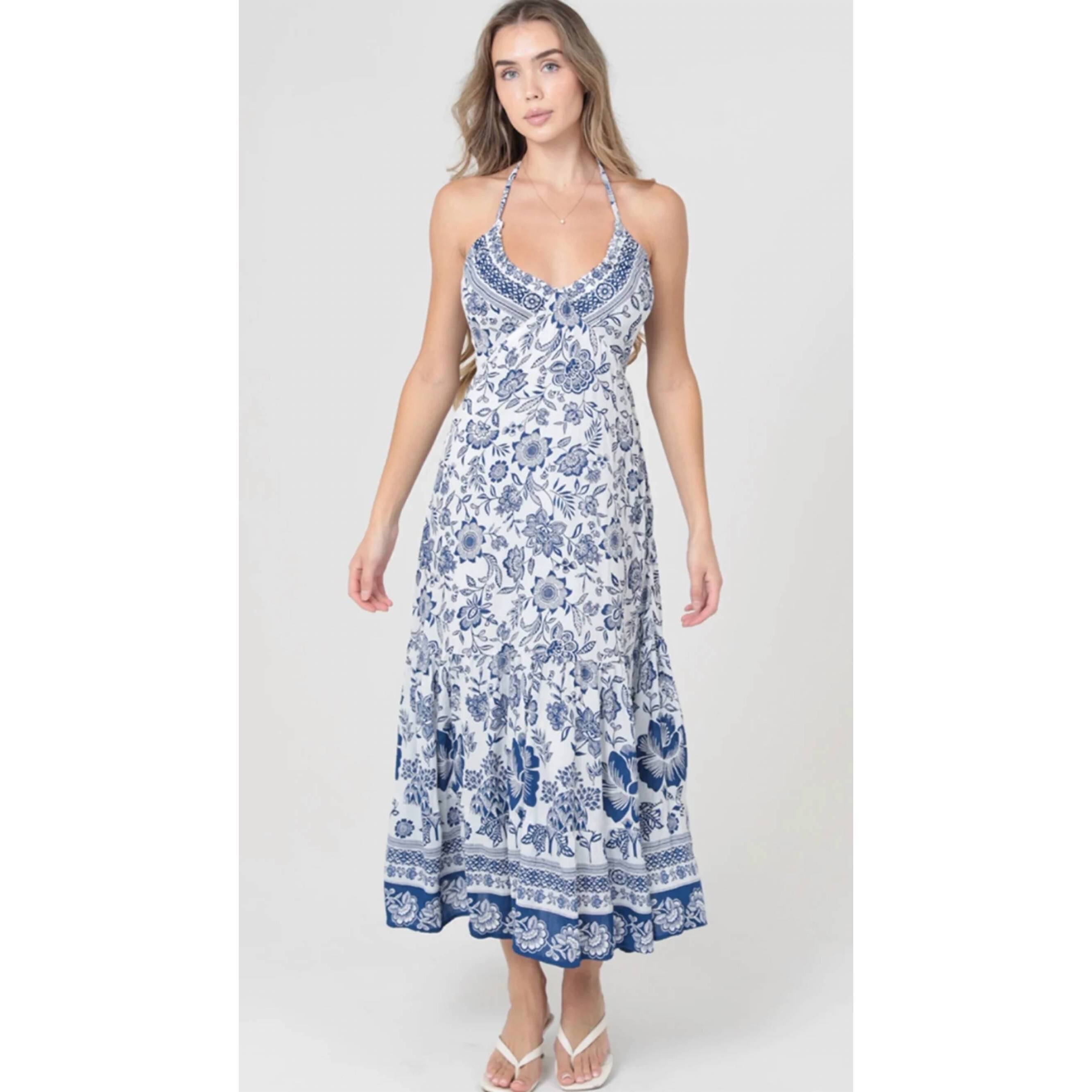 New Angie Halter Neck Maxi Dress In Blue Multi